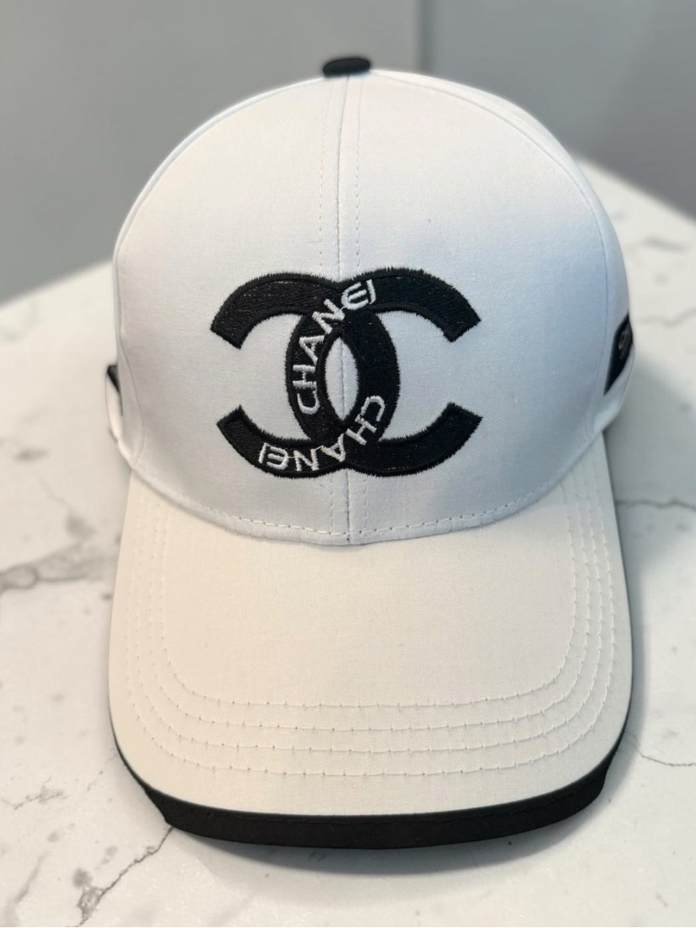 CHANEL White Baseball Cap with Black CC Logo